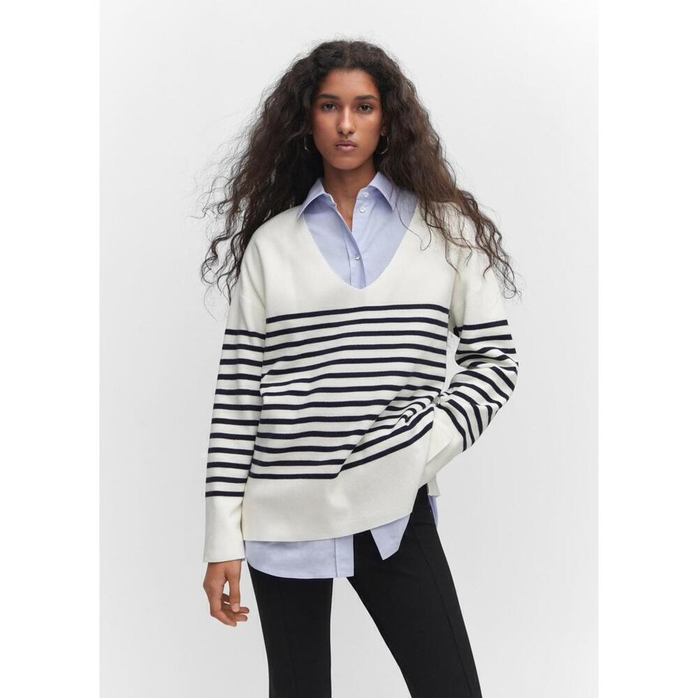 MNG Mango Black & White Stripe Pullover Sweater L Oversized Nautical Old Money